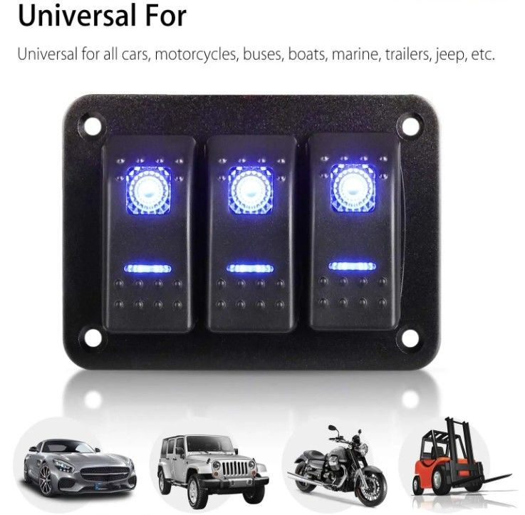 ডিসি 12V 24V ব্লু LED ব্যাকলাইট 3 গ্যাং অ্যালুমিনিয়াম 5 পিন ON অফ টগল রকার সুইচ প্যানেল