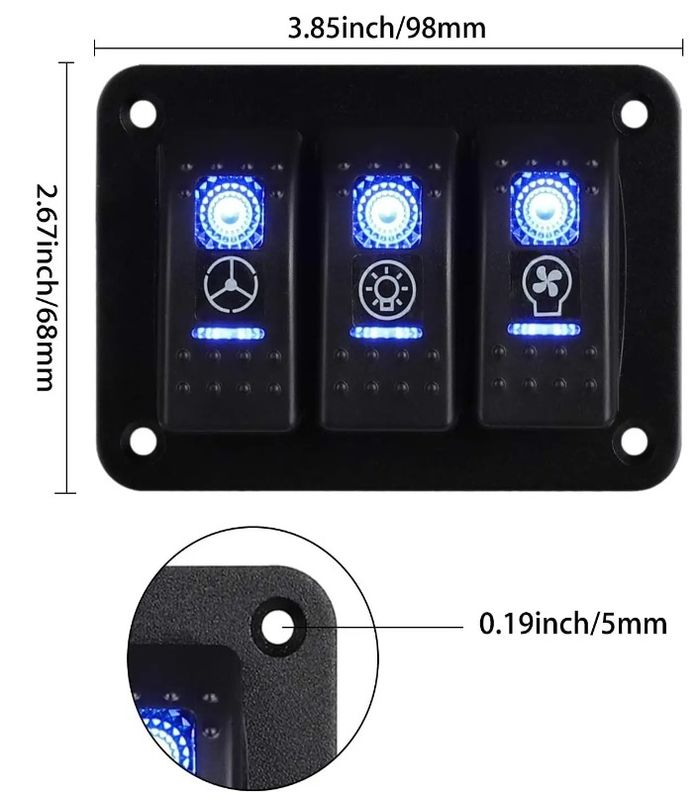 ডিসি 12V 24V ব্লু LED ব্যাকলাইট 3 গ্যাং অ্যালুমিনিয়াম 5 পিন ON অফ টগল রকার সুইচ প্যানেল