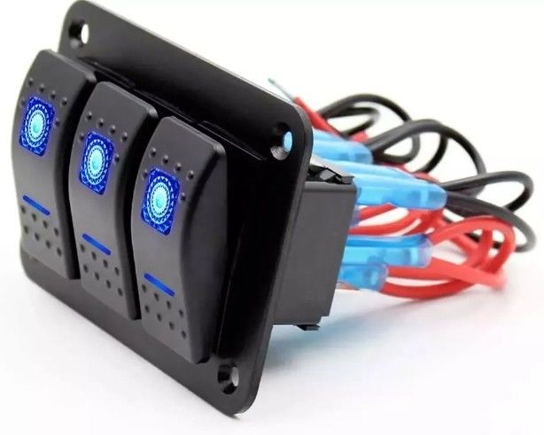 ডিসি 12V 24V ব্লু LED ব্যাকলাইট 3 গ্যাং অ্যালুমিনিয়াম 5 পিন ON অফ টগল রকার সুইচ প্যানেল