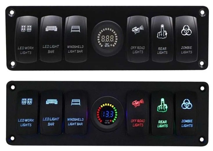 রঙ ভোল্টমিটার 6 গ্যাং DC12V 24V LED অন অফ 5 পিন রকার সুইচ প্যানেল জন্য কারভ্যান অটোমোটিভ মেরিন