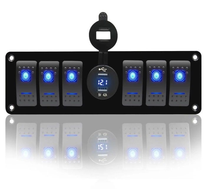 রঙ ভোল্টমিটার 6 গ্যাং DC12V 24V LED অন অফ 5 পিন রকার সুইচ প্যানেল জন্য কারভ্যান অটোমোটিভ মেরিন