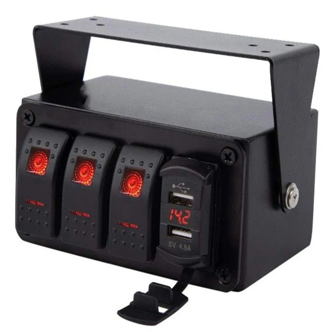 DC12V 24V 3 গ্যাং রেড এলইডি লাইট রকার সুইচ প্যানেল বক্স ডুয়াল 4.8A ইউএসবি চার্জার ভোল্টমিটার সহ গাড়ি সামুদ্রিক ট্রাক নৌকা