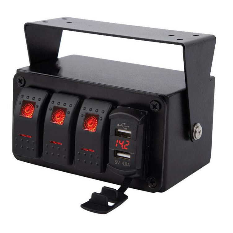 DC12V 24V 3 গ্যাং রেড LED লাইট রকার সুইচ প্যানেল বক্স ডুয়াল 4.8A ইউএসবি চার্জার সহ