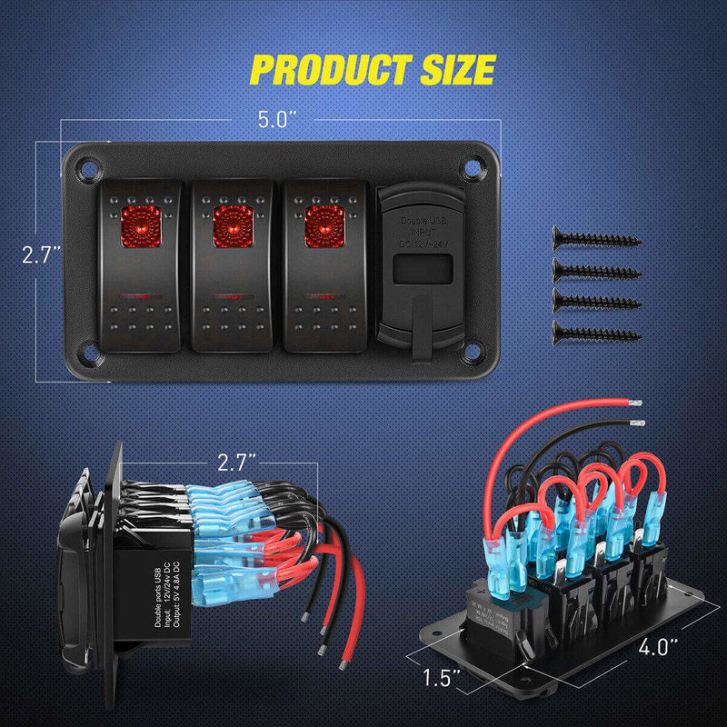 DC12V 24V 3 গ্যাং রেড LED লাইট রকার সুইচ প্যানেল বক্স ডুয়াল 4.8A ইউএসবি চার্জার সহ